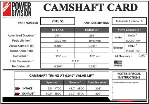 GSC Power-Division Billet Evolution X S1 Camshafts