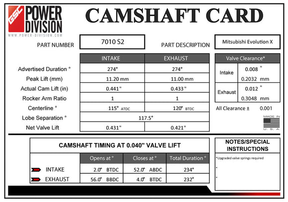 GSC Power-Division Billet Evolution X S2 Camshafts