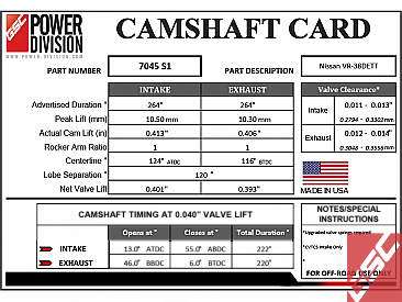 GSC P-D Nissan VR38DETT S1 Camshafts 264/264 Billet