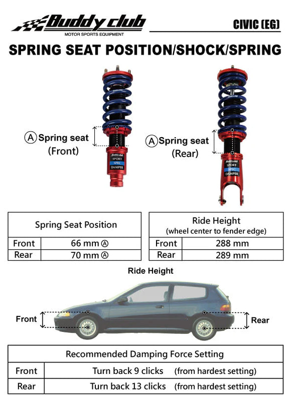 Buddy Club Sport Spec Damper Coilovers Kit Honda Civic 92-00. Integra 94-01 EG/E
