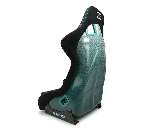 NRG FRP Bucket Seat - 20 Year Anniversary - Microfiber Black w/ Green Stripes & Arrow Design -Medium