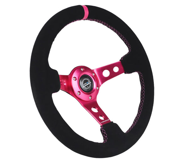 NRG Reinforced Steering Wheel (350mm/ 3in. Deep) Black Suede/ Fushia Center Mark/ Fushia Stitching