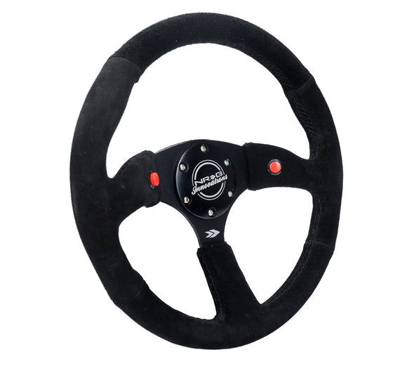 NRG Reinforced Steering Wheel (350mm/ 2.5in. Deep) Sport Suede Racing/ 4mm Matte Black Spoke