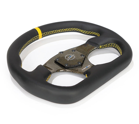 NRG Carbon Fiber Flat Bottom Steering Wheel (320mm) Yellow CF Center w/Yellow Stitch/Yellow Mark