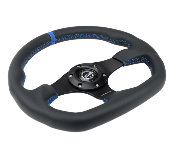 NRG Reinforced Steering Wheel (320mm) Sport Leather Flat Bottom w/ Blue Center/ Blue Stitching