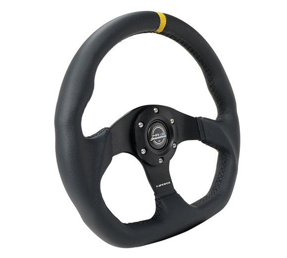 NRG Reinforced Steering Wheel (320mm) Sport Leather Flat Bottom w/ Yellow Center Mark