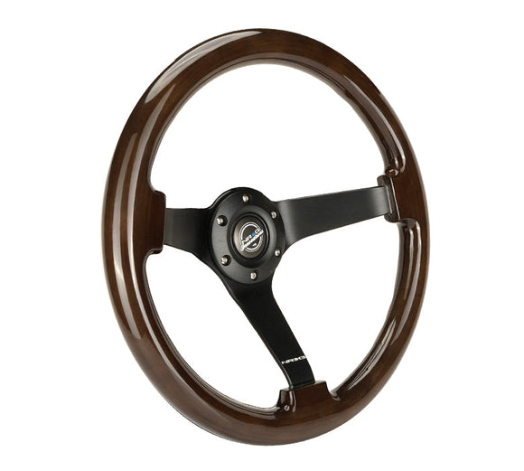 NRG Reinforced Steering Wheel (350mm) Dark Wood Grain - 3in Deep - Black 3-Spoke Center