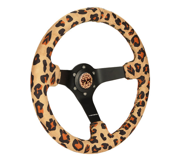 NRG Reinforced Steering Wheel (350mm/3in. Deep) SAVAGE Brown Leopard w/ Matte Blk Spokes