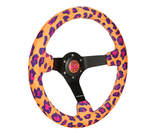 NRG Reinforced Steering Wheel (350mm/3in. Deep) SAVAGE Orange Leopard w/ Matte Blk Spokes