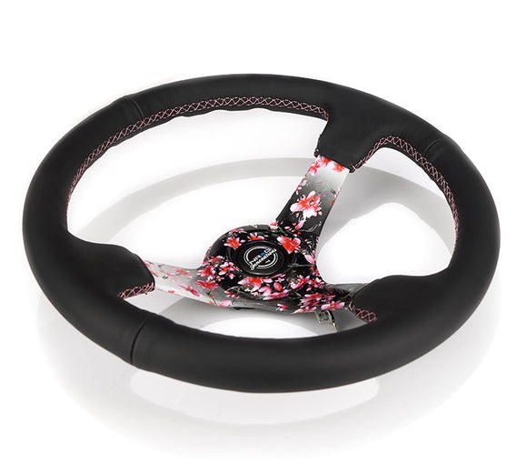350MM DEEP DISH STEERING WHEEL LEATHER SOLID SPOKE Sakura