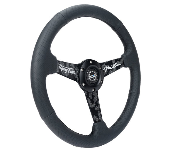NRG Sport Steering Wheel (350mm/ 1.5in. Deep) Black Etched Spokes/ Black Leather w/ Black Stitch