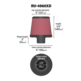 K&N Filter Universal Clamp-On Filter-Round Tapered 2.75in Flange ID x 6in Base OD x 5in Top OD - 0
