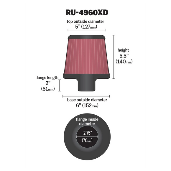 K&N Filter Universal Clamp-On Filter-Round Tapered 2.75in Flange ID x 6in Base OD x 5in Top OD