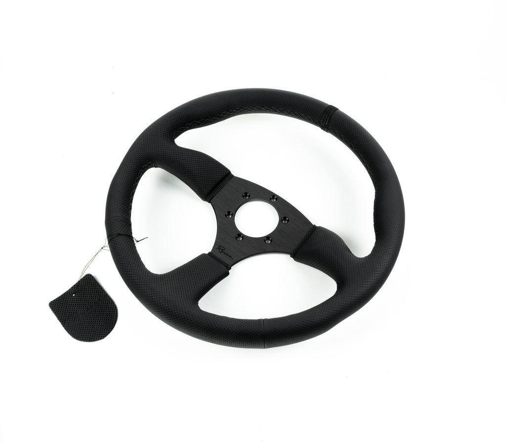 Renown 130R Dark Black Perforated Leather Black Stitching Steering