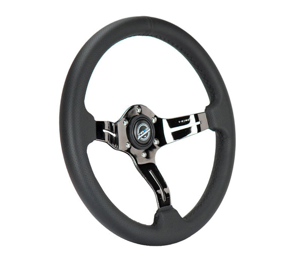 NRG Light Weight Gaming Steering Wheel - 350mm 3 Black Chrome Spokes Perforated Leather