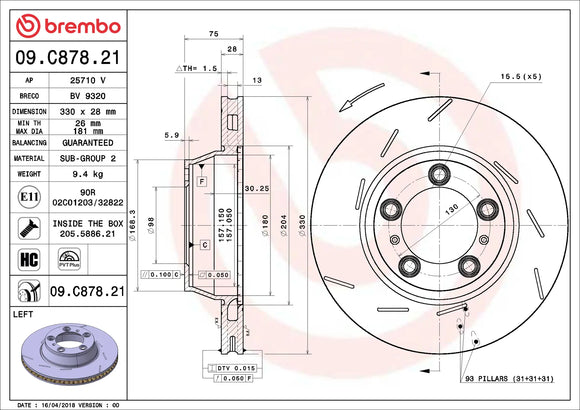 Brembo 10-19 Porsche Panamera Rear Left Premium UV Coated OE Equivalent Rotor 298615601A