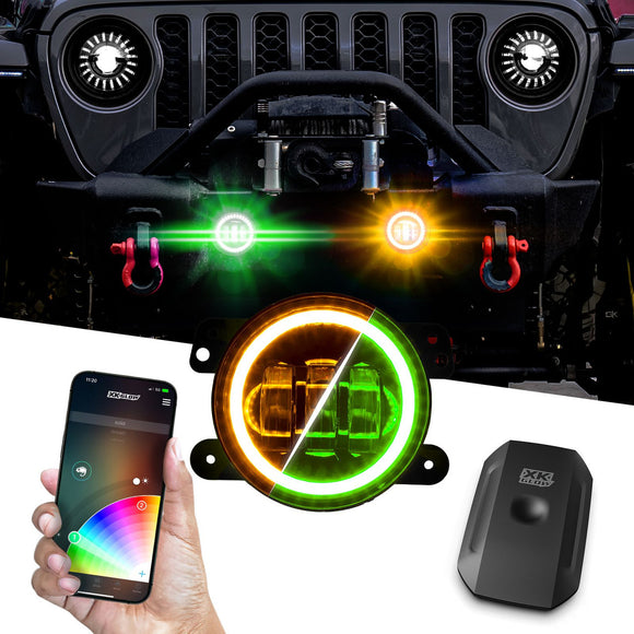 XK Glow 4In JL Black RGB LED Jeep Wrangler Fog Light XKchrome Bluetooth App Controlled Kit