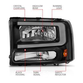 ANZO 99-04 Ford F250/F350/F450/Excursion (excl. 99) Crystal Headlights - w/ Light Bar Black Housing - 0