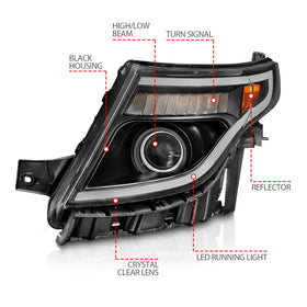 ANZO 11-15 Ford Explorer (w/Factory Halogen HL Only) Projector Headlights w/Light Bar Black Housing - 0
