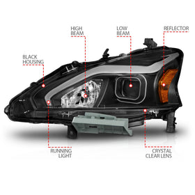 ANZO 13-15 Nissan Altima (w/o Factory HID Bulbs) Projector Headlights - w/ Light Bar Black Housing - 0
