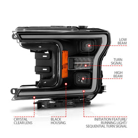 ANZO 18-20 Ford F-150 (w/o Fctry LED) Full LED Proj Headlights w/Light Bar Swtchbk Seq. Black w/Init - 0