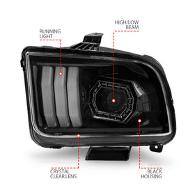 ANZO 05-09 Ford Mustang (w/Factory Halogen HL Only) Projector Headlights w/Light Bar Black Housing - 0