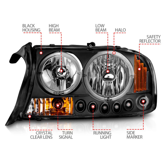 ANZO 1997-2004 Dodge Dakota Projector Headlights w/ Halo Black 1 pc