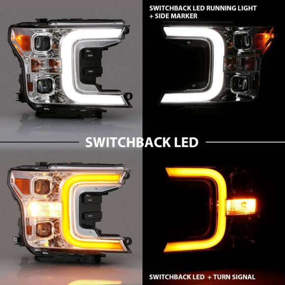 ANZO 18-19 Ford F-150 Projector Headlights w/Plank Style Switchback Chrome w/Amber
