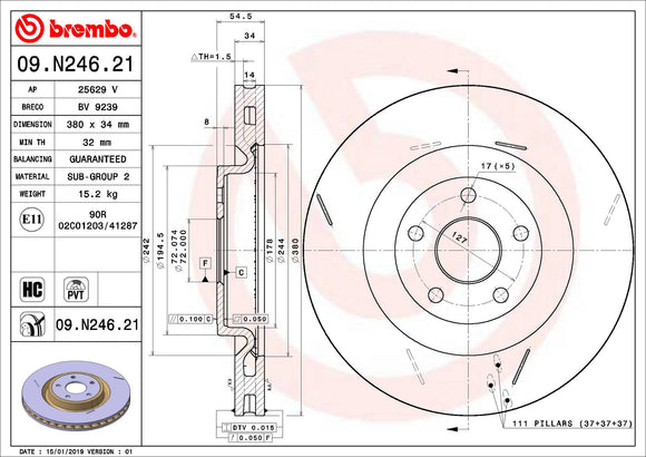 Brembo 18-20 Dodge Durango/12-20 Jeep Grand Cherokee Front Premium UV Coated OE Equivalent Rotor