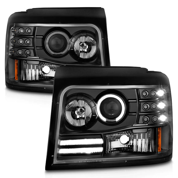 ANZO 1992-1996 Ford F-150 Projector Headlights w/ Halo Black w/ Side Markers and Parking Lights