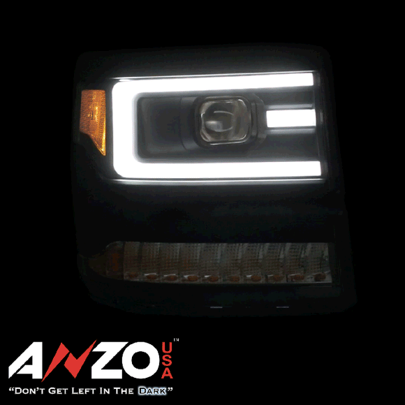ANZO 16+ Chevy Silverado 1500 Projector Headlights Plank Style Black w/Amber/Sequential Turn Signal