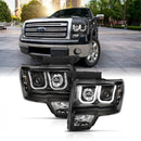 ANZO 2009-2014 Ford F-150 Projector Headlights w/ U-Bar Switchback Black w/ Amber-1