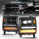 ANZO 16-18 Chevrolet Silverado 1500 LED Projector Headlights w/Plank Style Switchback Black w/ Amber-1
