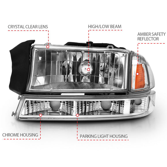 ANZO 1997-2004 Dodge Dakota Crystal Headlight Set Chrome Amber