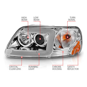 ANZO 1997-2003 Ford F-150 Projector Headlights w/ Light Bar Chrome Housing - 0