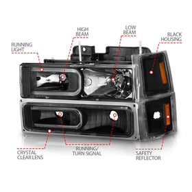 ANZO 88-98 Chevrolet C1500 Crystal Headlights w/ Light Bar Black Housing w/ Signal Side Markers 8Pcs - 0