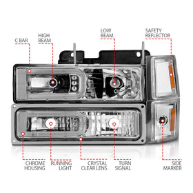 ANZO 88-98 Chevrolet C1500 Crystal Headlights w/Light Bar Chrome Housing w/ Signal Side Markers 8Pcs - 0