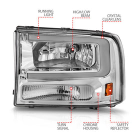 ANZO 99-04 Ford F250/F350/F450/Excursion (excl. 99) Crystal Headlights - w/ Light Bar Chrome Housing - 0
