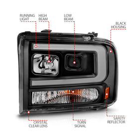 ANZO 99-04 Ford F250/F350/F450/Excursion (excl 99) Projector Headlights - w/ Light Bar Black Housing - 0