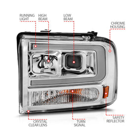 ANZO 99-04 Ford F250/F350/F450/Excursion (excl 99) Projector Headlights - w/Light Bar Chrome Housing - 0