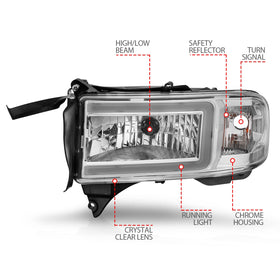ANZO 94-02 Dodge RAM Crystal Headlight - w/ Light Bar Chrome Housing - 0
