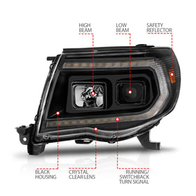 ANZO 05-11 Toyota Tacoma Projector Headlights w/Light Bar Switchback Black Housing - 0
