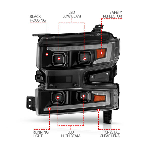 ANZO 19-22 Chevrolet Silverado 1500 LED Proj HL w/Lgt Bar SwBk Seq. Blk w/In. Light - Driver Side ON