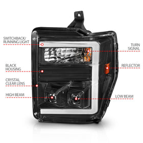 ANZO 08-10 Ford F-250 - F-550 Super Duty Projector Headlights w/ Light Bar Switchback Black Housing - 0