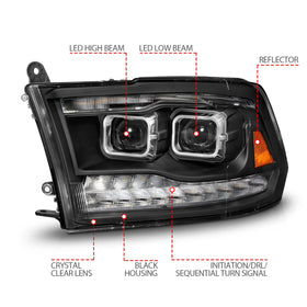 ANZO 09-18 Dodge Ram 1500/2500/3500 Full LED Proj Headlights w/Switchback Light Bar - Black - 0