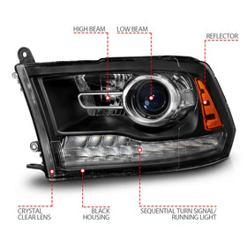 ANZO 09-18 Dodge Ram 1500/2500/3500 LED Plank Style Headlights Switchback + Sequential - Matte Black - 0