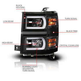 Anzo 14-15 Chevy Silverado 1500 Black Dual Switchback+Sequential LED Tube Sq. Projector Headlights - 0