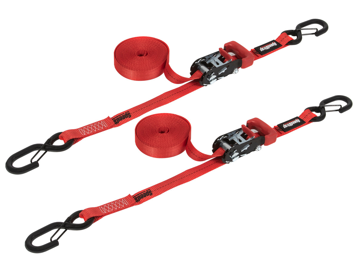 SpeedStrap 1In x 15Ft Ratchet Tie Down w/ Snap FtSFt Hooks (2 Pack) - Red