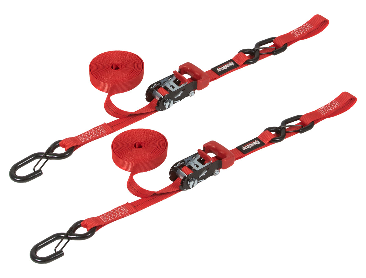 SpeedStrap 1In x 15Ft Ratchet Tie Down w/ Snap FtSFt Hooks Soft Tie (2 Pack) - Red