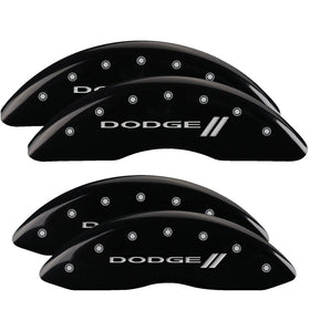 MGP 4 Caliper Covers Engraved Front & Rear With stripes/Dodge Black finish silver ch